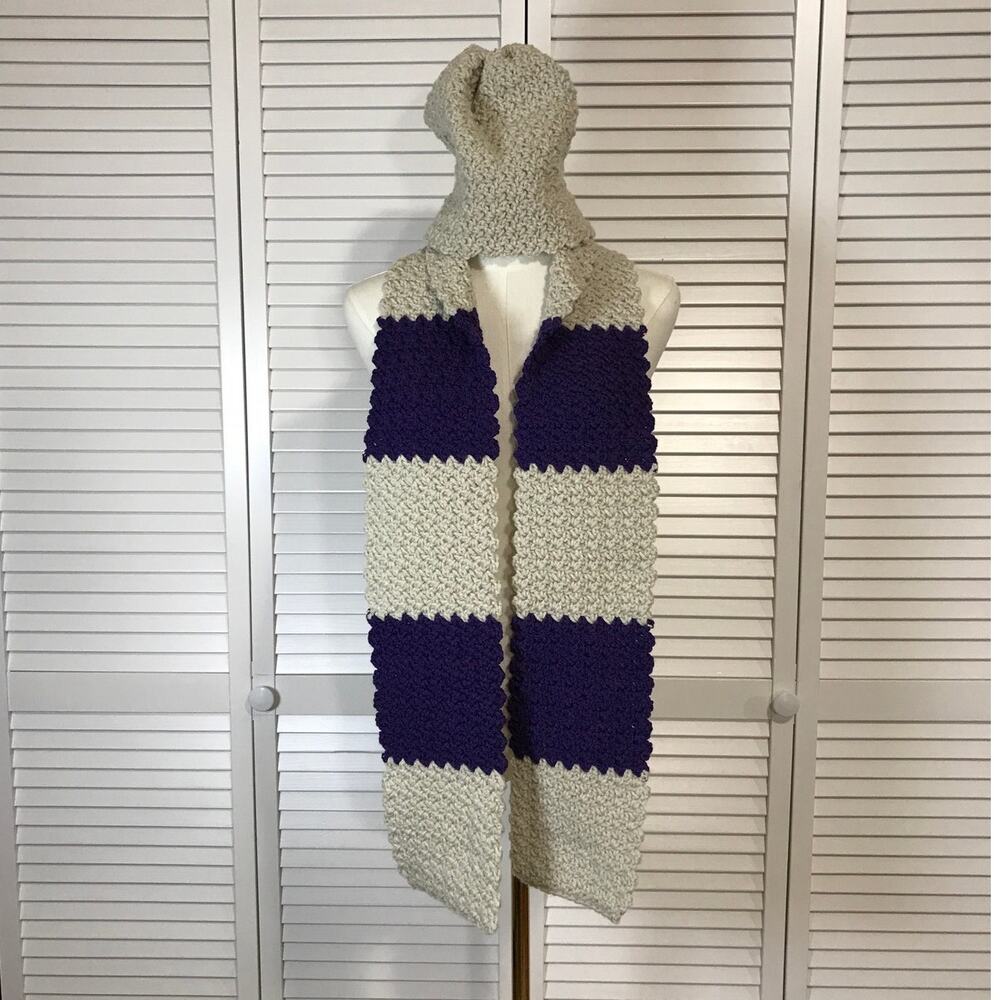 NWT Handmade Crochet Textured Winter Beige Purple Scarf 65” & Beanie